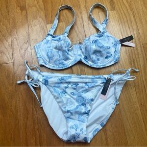 Victorias Secret 34DD blue Floral Underwired Push Up Wide Strap Bikini Set XL